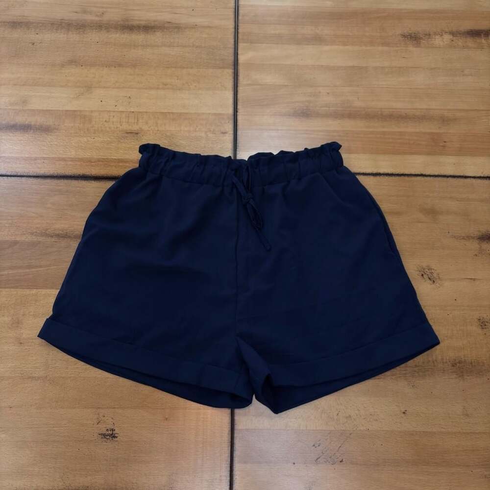 Navy Blue High Waist Paperbag Cuffed Shorts